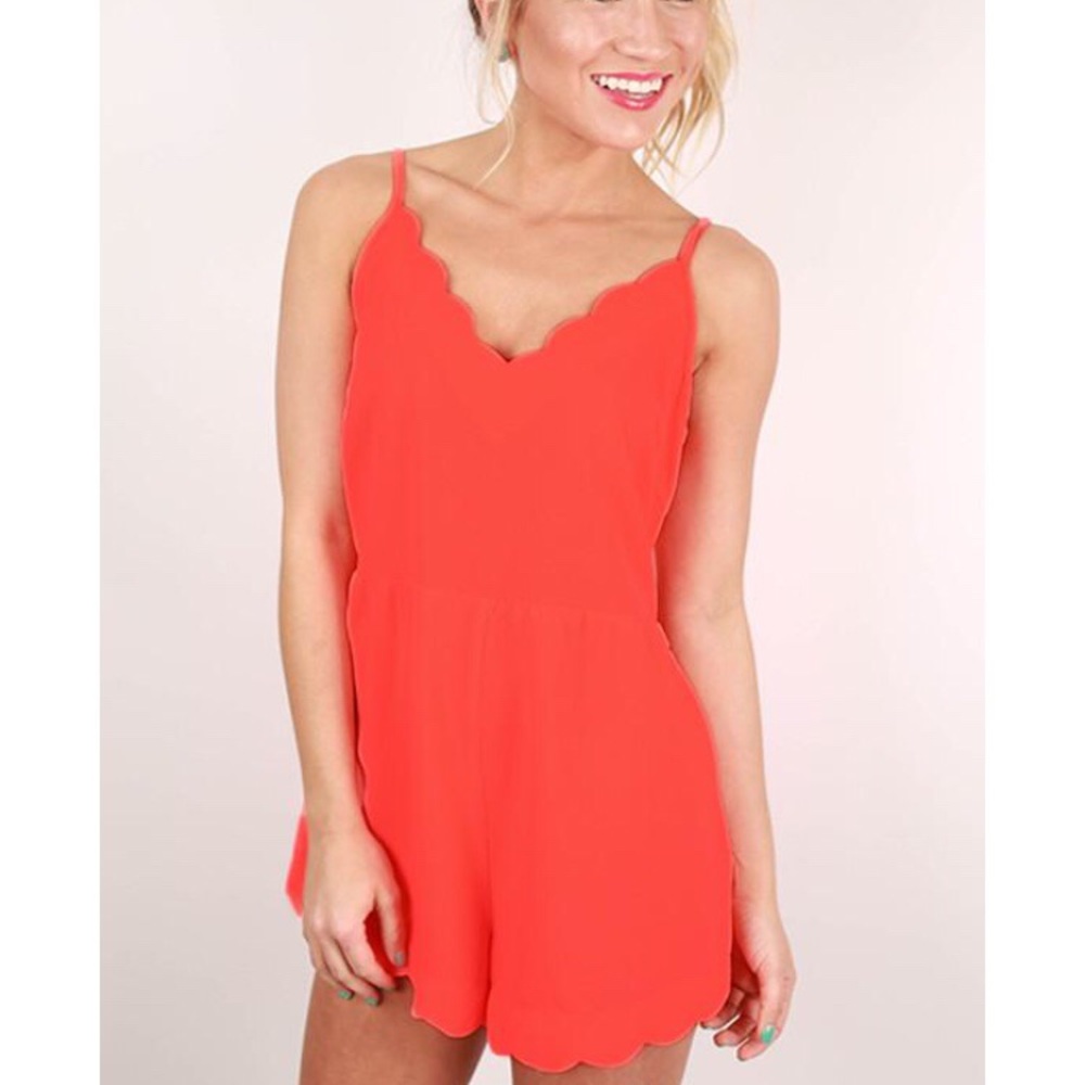 The Impeccable Pig Neon Coral Scalloped Romper